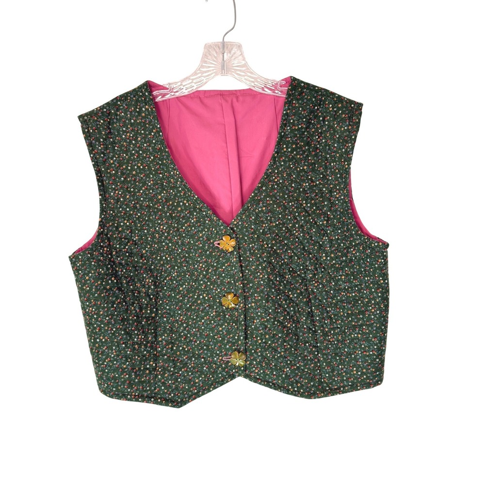 Women's Floral Vest Clover Button Gremlin Forest V-Neck Sleeveless‎ Boho Artsy